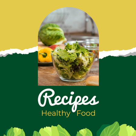 Healthy Food Recipes Ad with Green Salad Instagram Design Template
