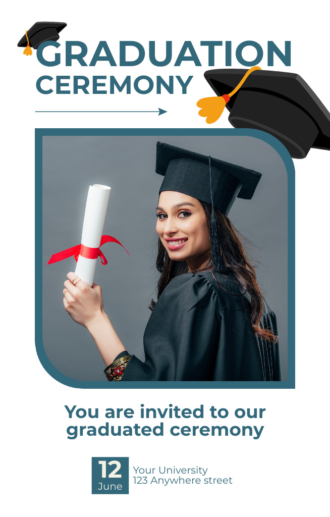 Graduation Ceremony with Young Girl Student Invitation 4.6x7.2in tervezősablon