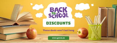 Back to School Discount with Books on Table Facebook cover Modelo de Design