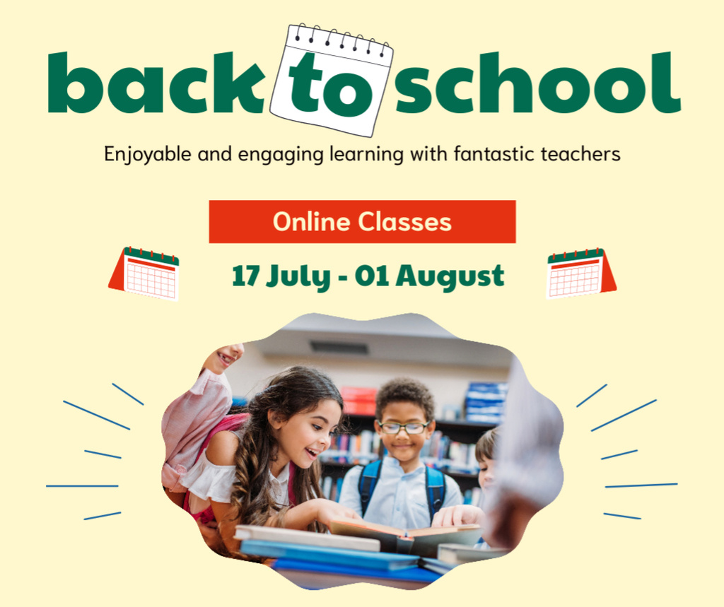 Announcement of Registration to School with Children in Lesson Facebook Design Template