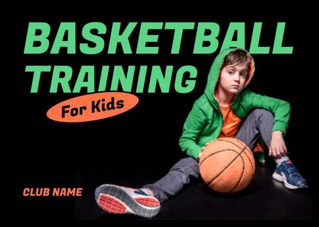 Basketball Training for Kids Black Postcardデザインテンプレート