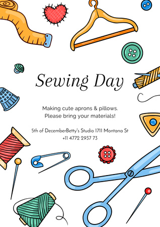Sewing Day Invitation with Cartoon Items Poster Design Template