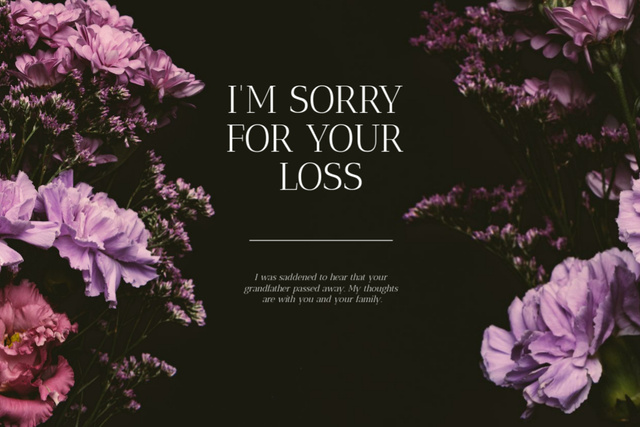 Ontwerpsjabloon van Postcard 4x6in van Condolence Messages for Loss with Purple Flowers
