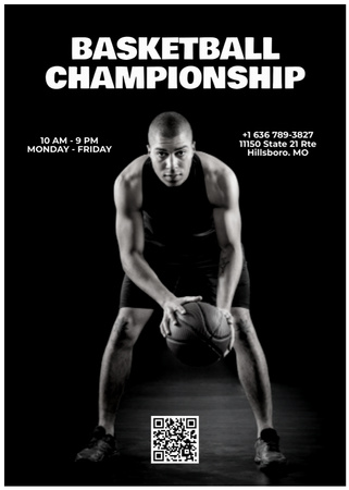 Modèle de visuel Annonce de compétition de basket-ball avec joueur sur noir - Flayer