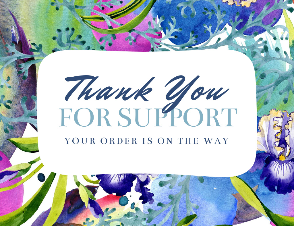 Thank You Phrase with Watercolor Floral Illustration Thank You Card 5.5x4in Horizontal Tasarım Şablonu