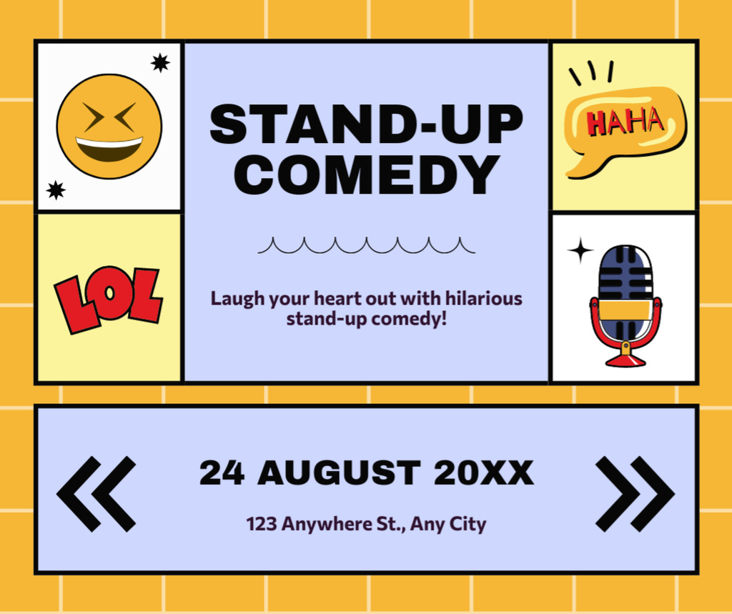 Designvorlage Comedy Show Announcement with Cute Humorous Icons für Facebook