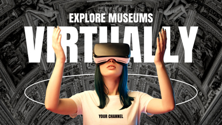 Anúncio de tour virtual do museu com mulher de óculos Youtube Thumbnail Modelo de Design