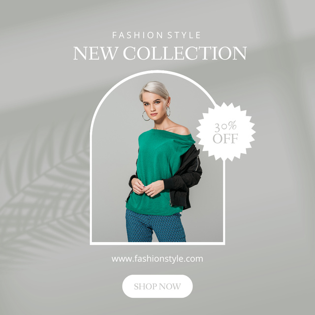 Designvorlage New Fashion Collection Ad with Blonde in Green Shirt für Instagram