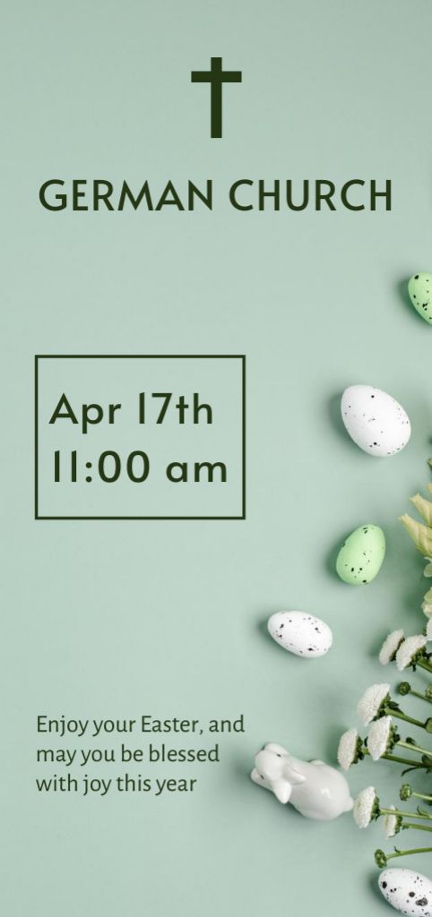 Designvorlage Easter Church Service Invitation with Eggs on Green für Flyer DIN Large