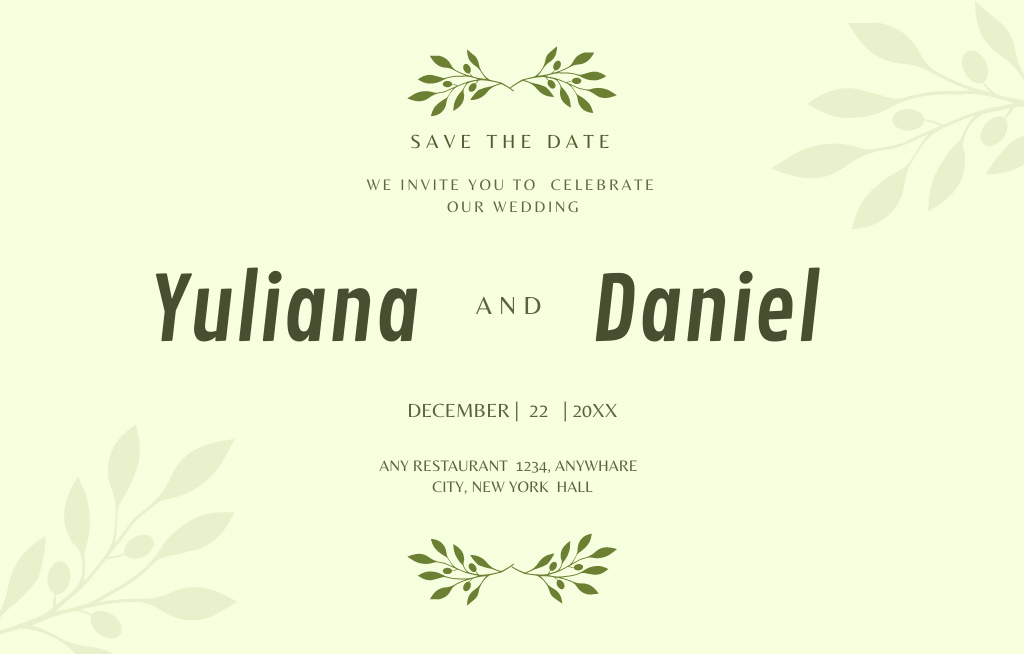 Wedding Event Celebration Announcement In Green with Branches Invitation 4.6x7.2in Horizontal Šablona návrhu