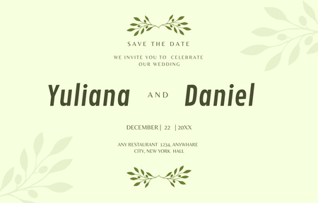 Plantilla de diseño de Anuncio de celebración de evento de boda en verde con ramas Invitation 4.6x7.2in Horizontal 
