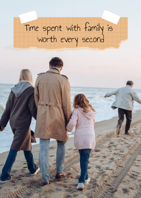 Ontwerpsjabloon van Postcard 5x7in Vertical van Big Family On Seaside With Quote About Time