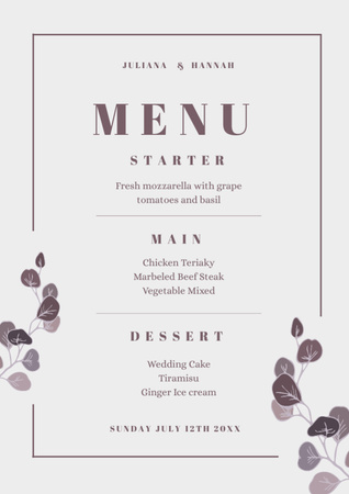 Designvorlage Simple Pastel Purple Wedding Dishes List für Menu