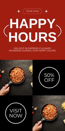 Ad of Happy Hours in Restaurant with Tasty Pasta Graphic Design Template
