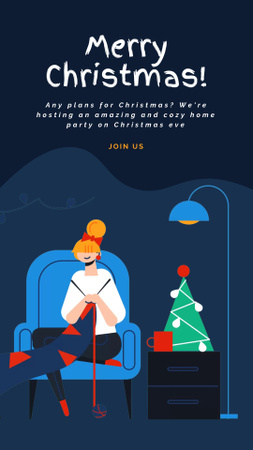 Christmas Greeting Woman Knitting by Tree Instagram Video Story Design Template