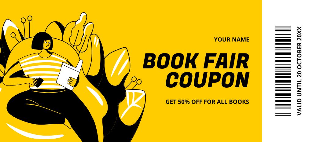 Bookstore Fair Voucher on Yellow Coupon 3.75x8.25in Design Template