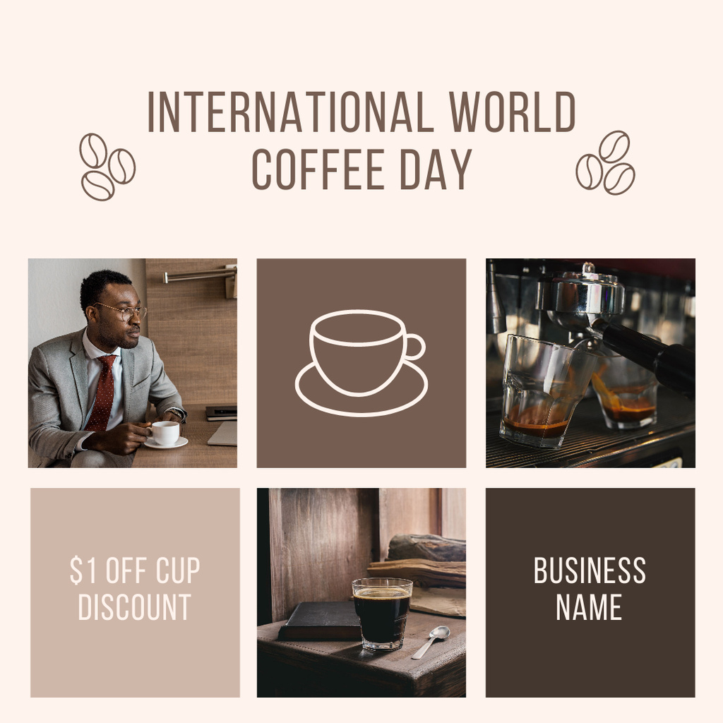 International Coffee Day Promotion with Discount on Cups Instagram Tasarım Şablonu