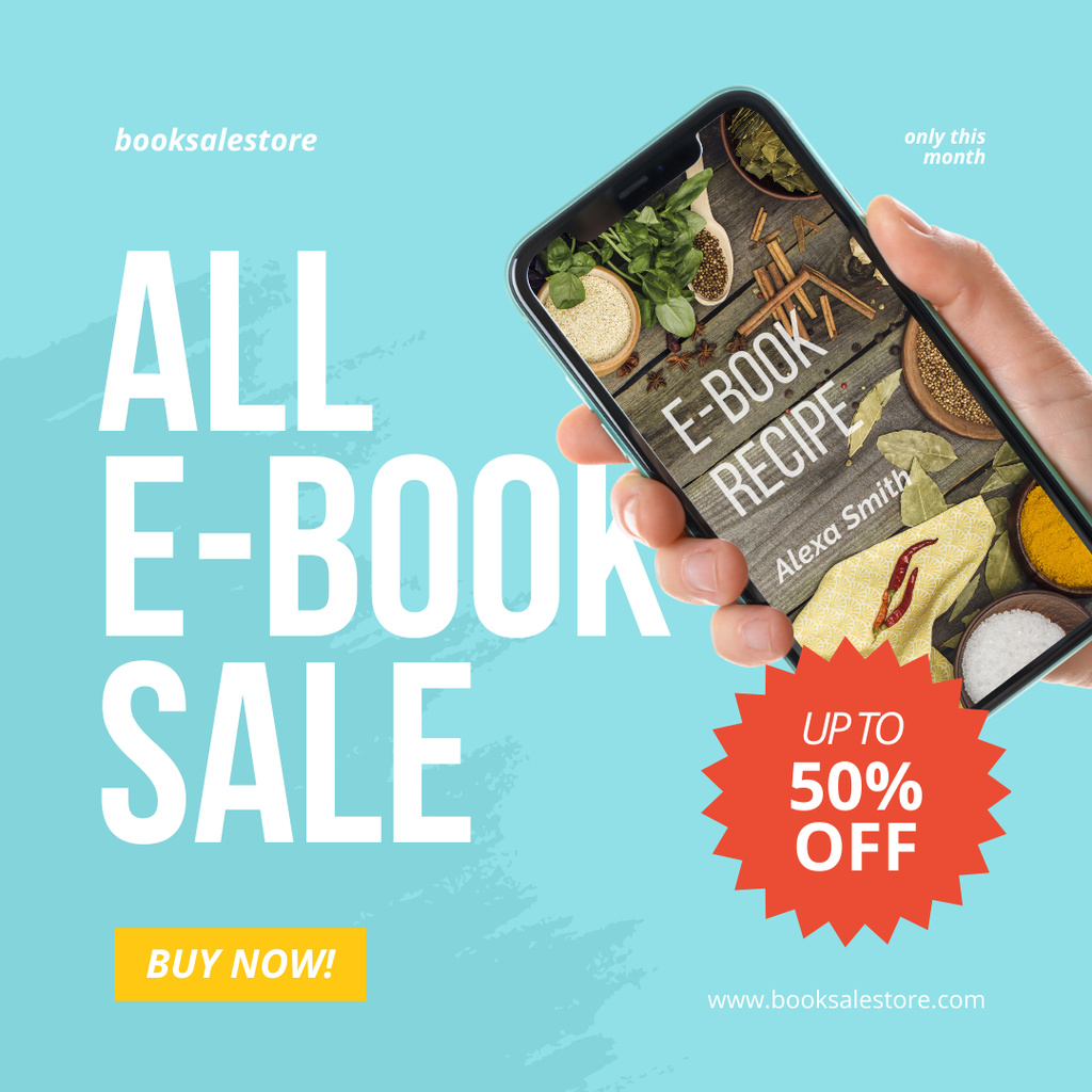 E-Book Sale Announcement with Smartphone in Hand Instagramデザインテンプレート