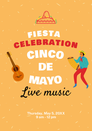 Bright Celebration Of Cinco de Mayo With Guitar Poster A3 Design Template