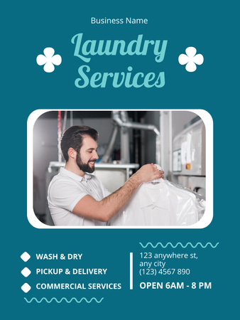 Designvorlage Wäscheservice-Angebot mit jungem Mann auf Blau für Poster US