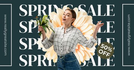 Plantilla de diseño de Venta de primavera con mujer hermosa con flores Facebook AD 