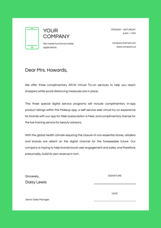 Plantilla de diseño de Anuncio de nueva aplicación móvil en marco verde Letterhead 