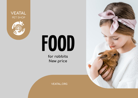 Pet Food Offer with Girl Hugging Brown Bunny Flyer 5x7in Horizontal Design Template
