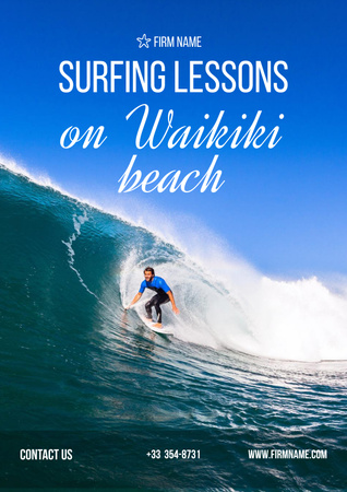 Surfing Lessons Ad with Man on Big Wave Poster Design Template
