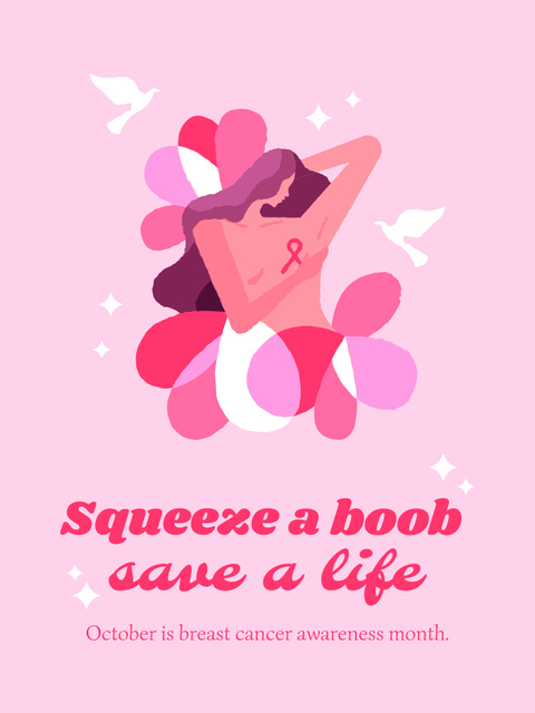 Designvorlage Breast Cancer Awareness with Woman Examines Her Breast für Poster US
