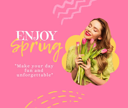Template di design Young Woman Holding Bouquet of Tulips in Her Hands Facebook