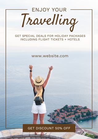 Utazási csomagok kedvezményes ajánlat tengeri tájjal Poster tervezősablon