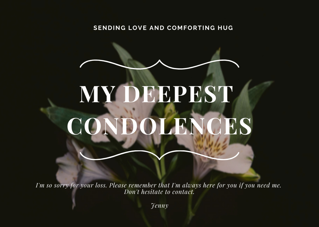 Deepest Condolences Phrase with Flowers Bouquet Card Modelo de Design