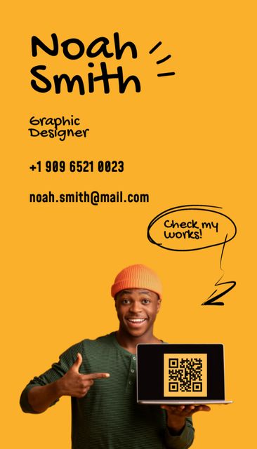 Graphic Designer Service Offer with Black Man on Yellow Business Card US Verticalデザインテンプレート