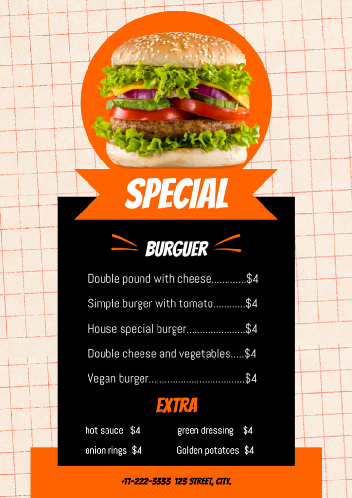 Special Offers of Tasty Burgers on Black and Orange Menu Modelo de Design