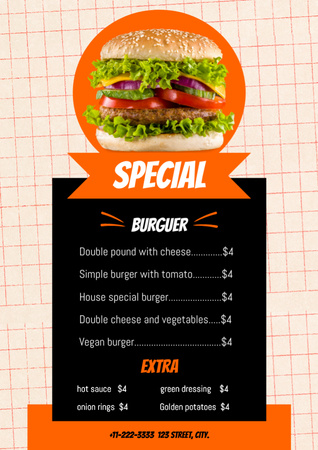 Ízletes, fekete és narancssárga hamburgerek különleges ajánlatai Menu tervezősablon