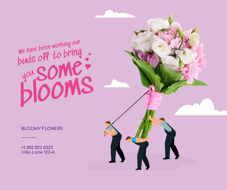 Designvorlage Flowers Store Offer with People pulling Huge Bouquet für Facebook