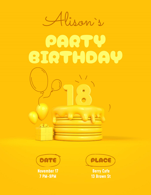 Yellow Birthday Party Announcement Poster 8.5x11in tervezősablon