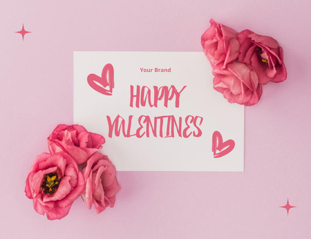 Happy Valentine's Day Greetings With Beautiful Flowers and Phrase Thank You Card 5.5x4in Horizontal Design Template