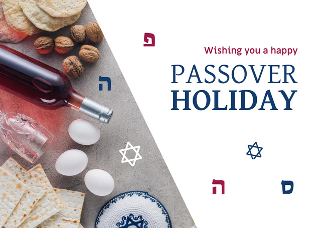 Happy Passover Holiday Greeting with Wine and Bread Postcard Tasarım Şablonu