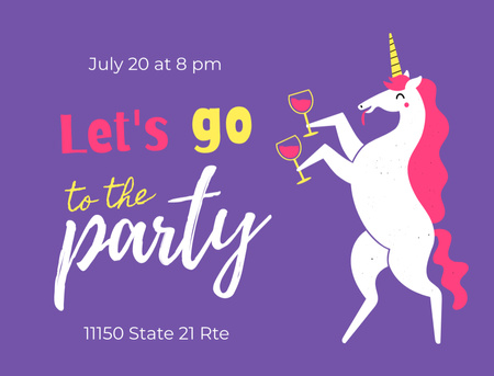 Party Announcement with Illustration of Unicorn With Wineglasses Postcard 4.2x5.5in Design Template