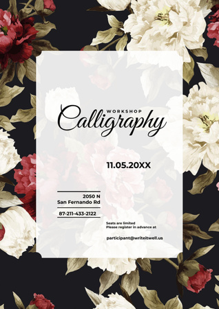 Calligraphy Workshop Announcement in Flowers Frame Flyer A4 Design Template