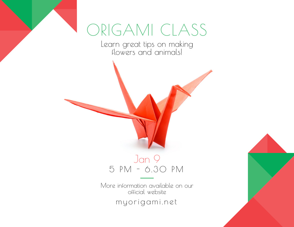 Origami Classes Invitation with Red Paper Bird Flyer 8.5x11in Horizontal Šablona návrhu