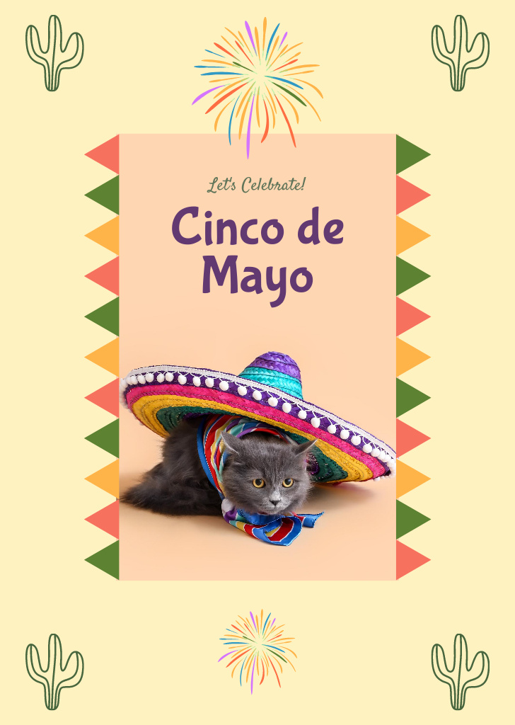 Plantilla de diseño de Cinco De Mayo with Cat in Sombrero Postcard A6 Vertical 