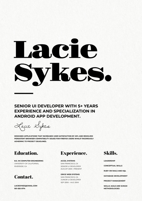 Plantilla de diseño de Web Developer Skills and Experience with Text Resume 