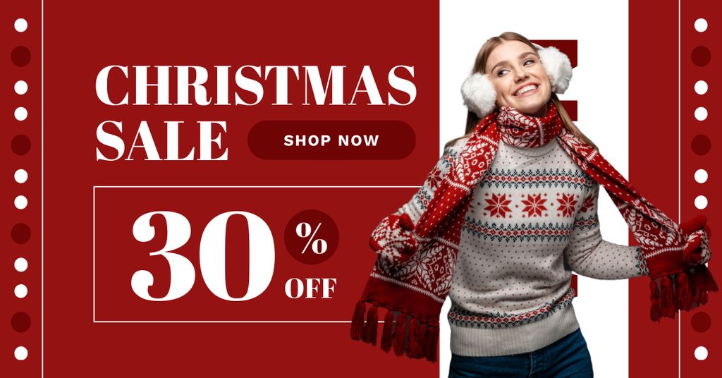Woman in Knitwear on Christmas Offer Red Facebook AD Design Template