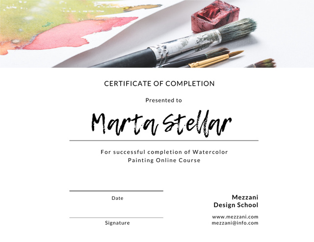Online Course Completion Confirmation with Paint Brushes Certificate Design Template