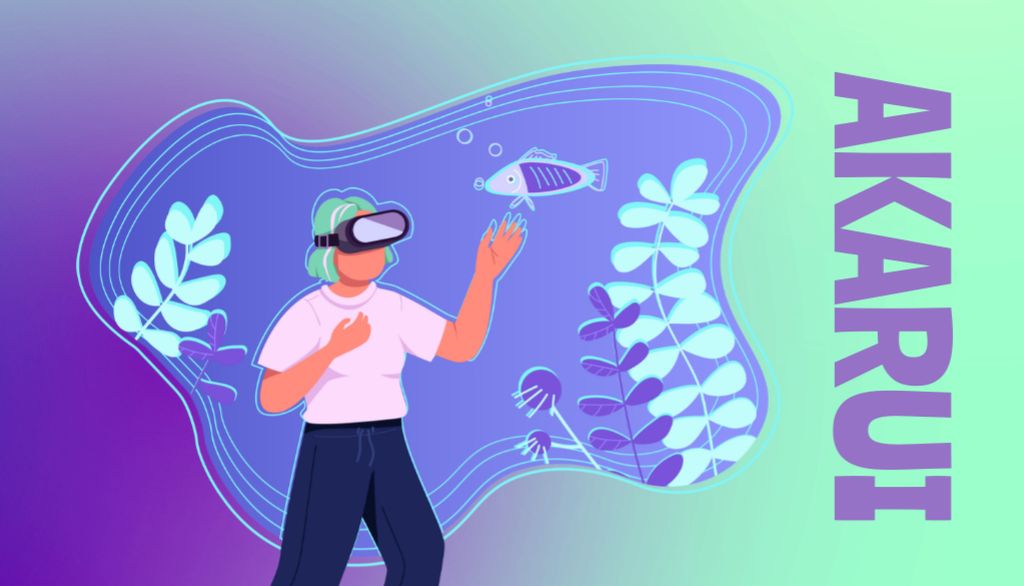Woman with Virtual Reality Glasses Exploring Underwater World Business Card US Modelo de Design