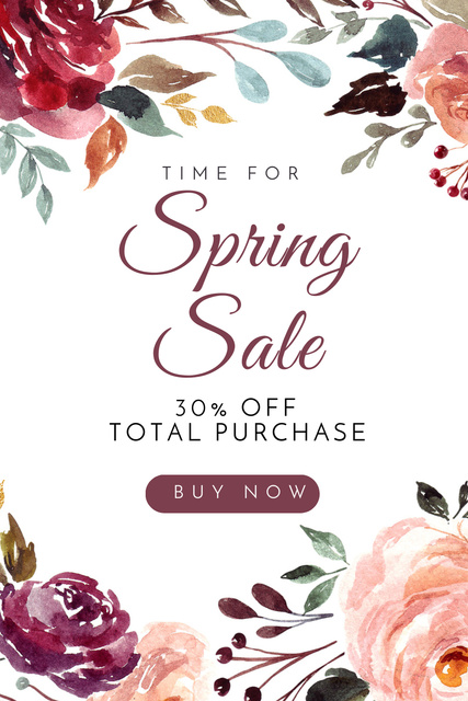 Spring Sale Announcement in a Frame of Watercolor Flowers Pinterest Design Template