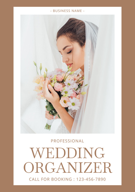 Professional Wedding Organizer Offer with Young Bride in Veil Poster Tasarım Şablonu