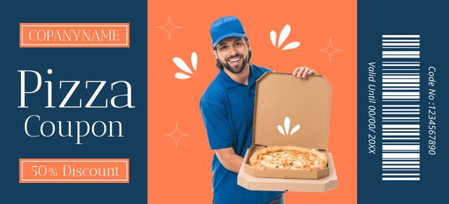 Discount Voucher for Pizza Delivery with Courier in Blue Coupon 3.75x8.25in – шаблон для дизайна